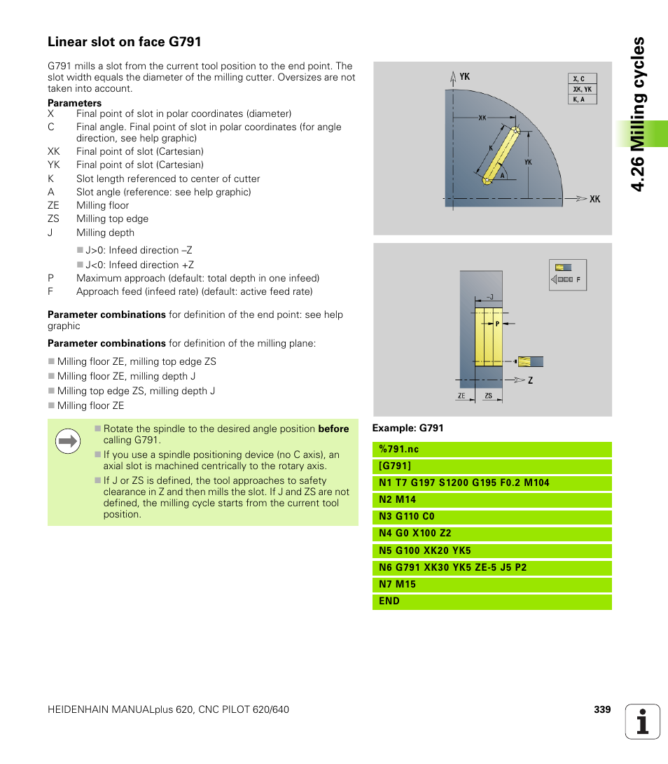 Linear slot on face g791, 26 milling cy cles | HEIDENHAIN SW 548328-05 DIN Programming User Manual | Page 339 / 598