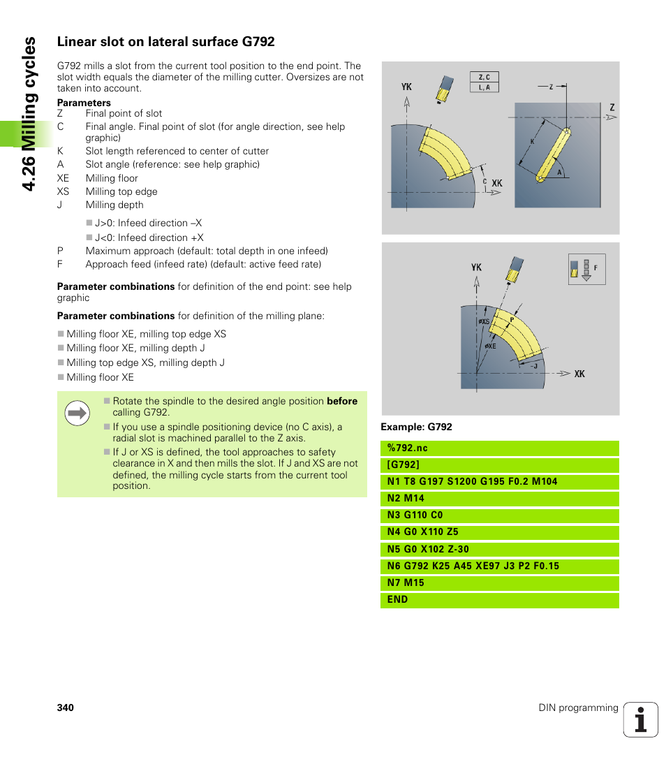Linear slot on lateral surface g792, 26 milling cy cles | HEIDENHAIN SW 548328-05 DIN Programming User Manual | Page 340 / 598