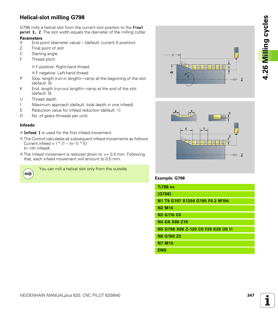 Helical-slot milling g798, 26 milling cy cles | HEIDENHAIN SW 548328-05 DIN Programming User Manual | Page 347 / 598
