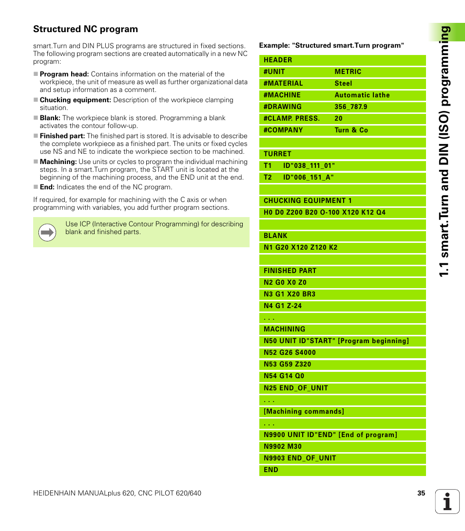Structured nc program, 1 smar t.t u rn and din (iso) pr ogr a mming | HEIDENHAIN SW 548328-05 DIN Programming User Manual | Page 35 / 598