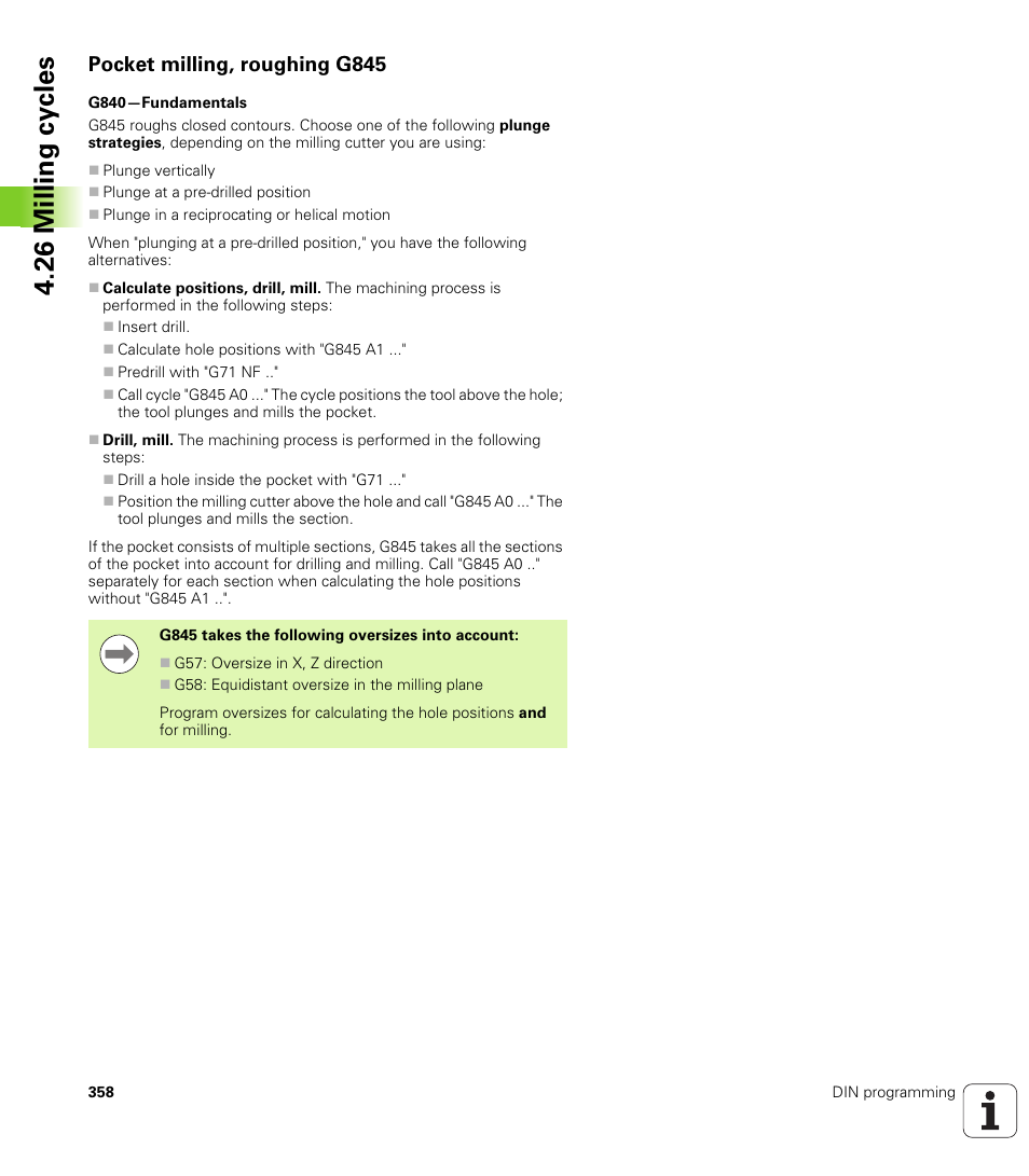 Pocket milling, roughing g845, 26 milling cy cles | HEIDENHAIN SW 548328-05 DIN Programming User Manual | Page 358 / 598