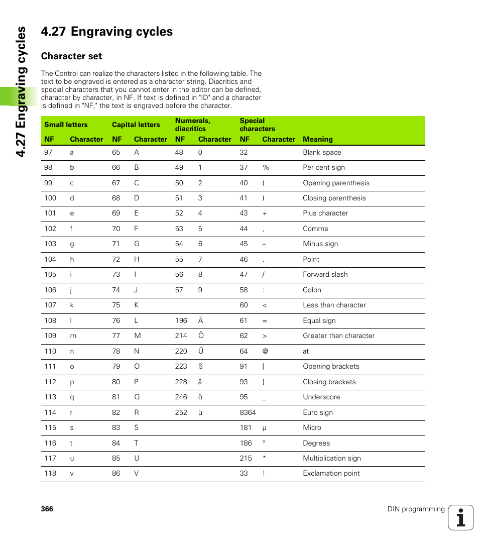 27 engraving cycles, Character set | HEIDENHAIN SW 548328-05 DIN Programming User Manual | Page 366 / 598
