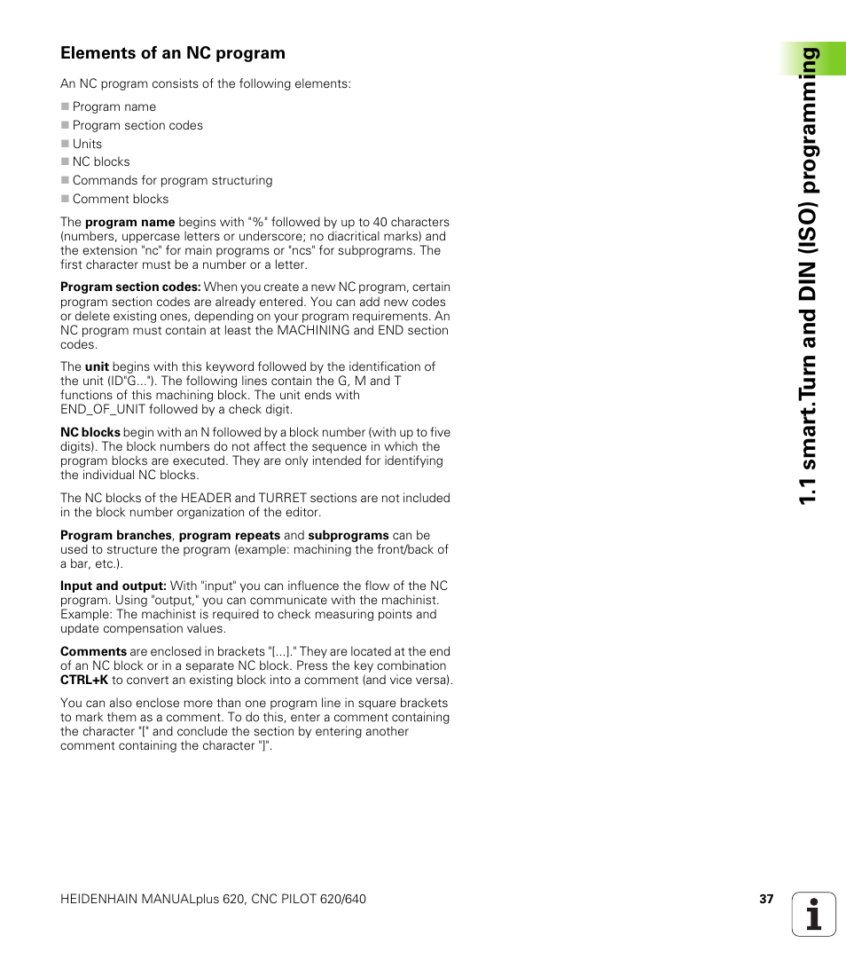 Elements of an nc program, 1 smar t.t u rn and din (iso) pr ogr a mming | HEIDENHAIN SW 548328-05 DIN Programming User Manual | Page 37 / 598