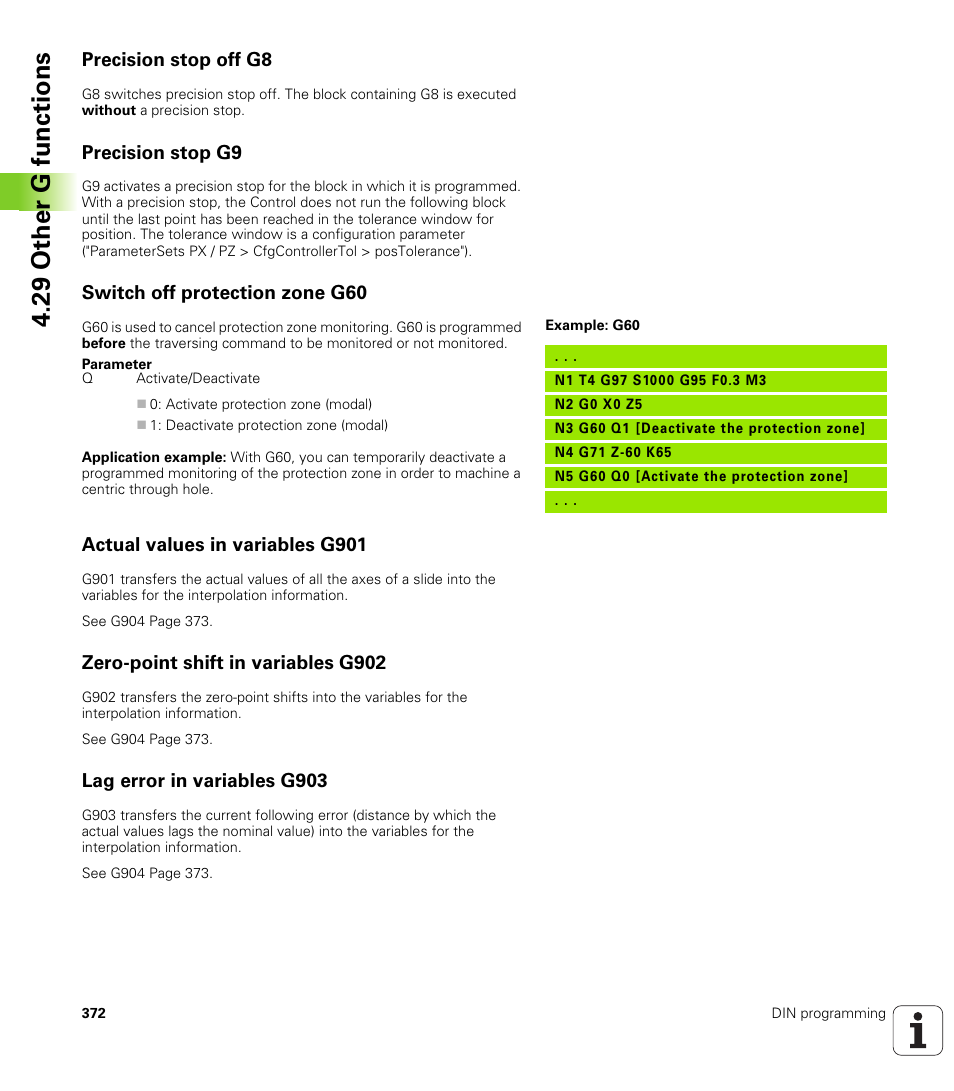 Precision stop off g8, Precision stop g9, Switch off protection zone g60 | Actual values in variables g901, Zero-point shift in variables g902, Lag error in variables g903, 29 other g functions | HEIDENHAIN SW 548328-05 DIN Programming User Manual | Page 372 / 598