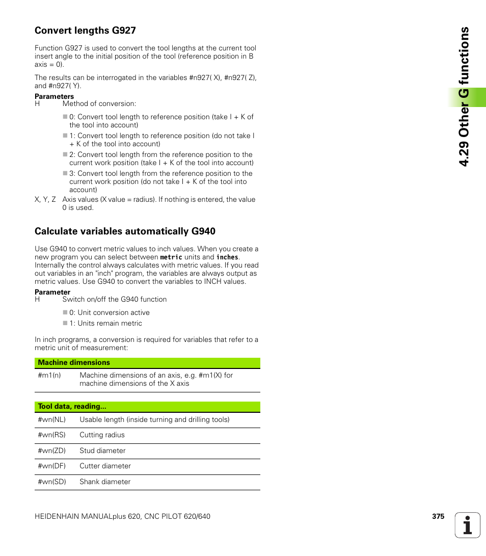 Convert lengths g927, Calculate variables automatically g940, Axis (see "calculate variables | See "convert lengths, 29 other g functions | HEIDENHAIN SW 548328-05 DIN Programming User Manual | Page 375 / 598