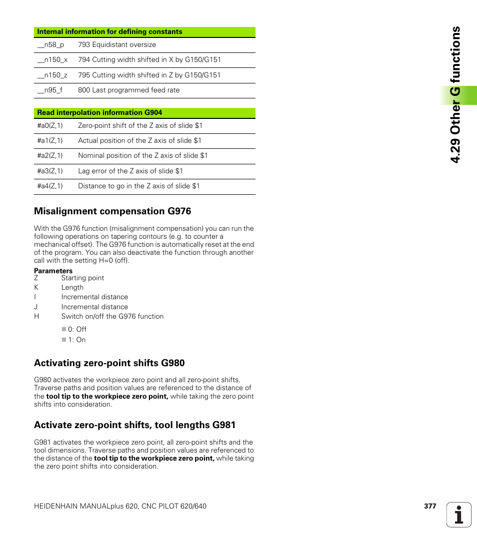 Misalignment compensation g976, Activating zero-point shifts g980, Activate zero-point shifts, tool lengths g981 | 29 other g functions | HEIDENHAIN SW 548328-05 DIN Programming User Manual | Page 377 / 598
