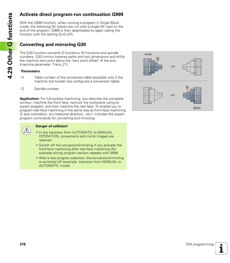 Activate direct program-run continuation g999, Converting and mirroring g30, 29 other g functions | HEIDENHAIN SW 548328-05 DIN Programming User Manual | Page 378 / 598