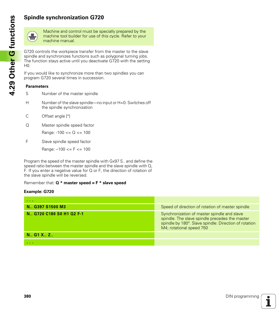 Spindle synchronization g720, Offset.(see "spindle synchronization, 29 other g functions | HEIDENHAIN SW 548328-05 DIN Programming User Manual | Page 380 / 598