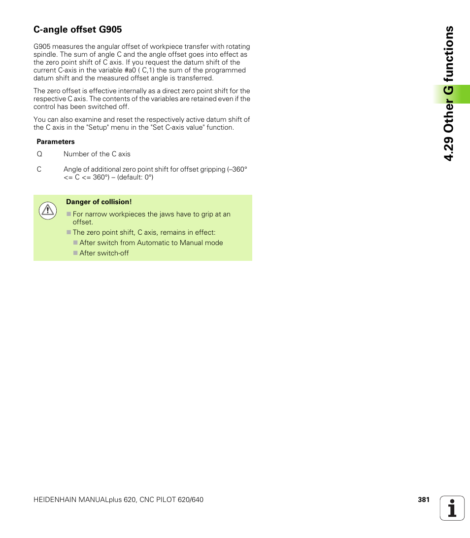 C-angle offset g905, 29 other g functions | HEIDENHAIN SW 548328-05 DIN Programming User Manual | Page 381 / 598