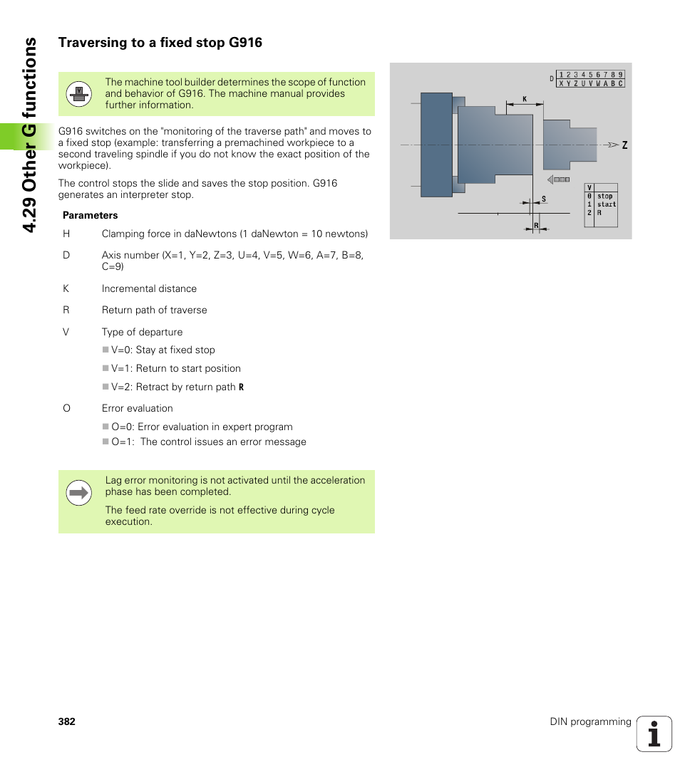 Traversing to a fixed stop g916, E.(see "traversing to a, 29 other g functions | HEIDENHAIN SW 548328-05 DIN Programming User Manual | Page 382 / 598