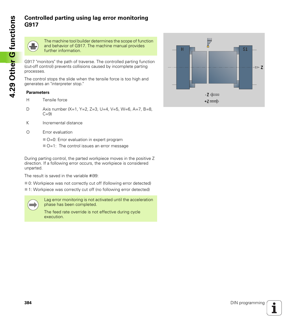 Controlled parting using lag error monitoring g917, 29 other g functions | HEIDENHAIN SW 548328-05 DIN Programming User Manual | Page 384 / 598