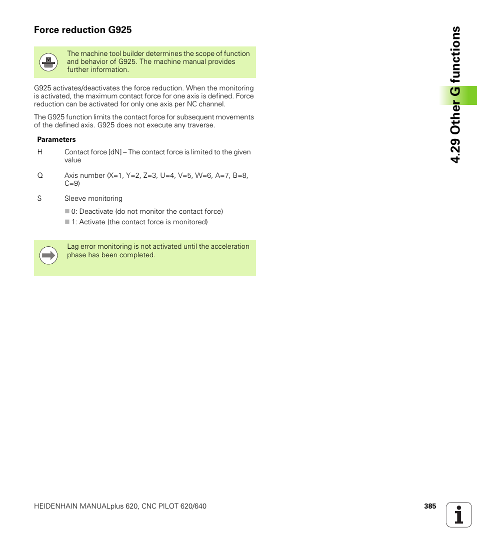 Force reduction g925, 29 other g functions | HEIDENHAIN SW 548328-05 DIN Programming User Manual | Page 385 / 598