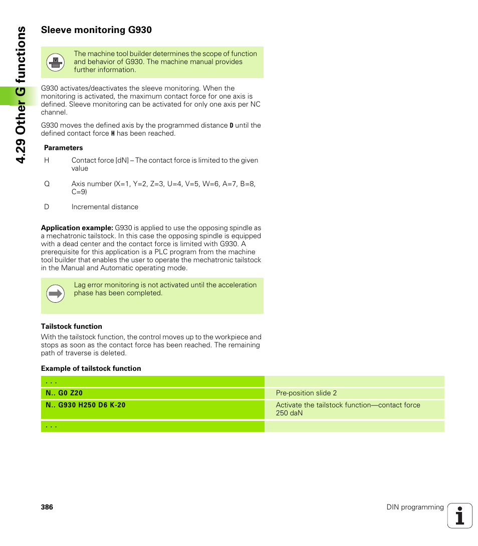 Sleeve monitoring g930, 29 other g functions | HEIDENHAIN SW 548328-05 DIN Programming User Manual | Page 386 / 598
