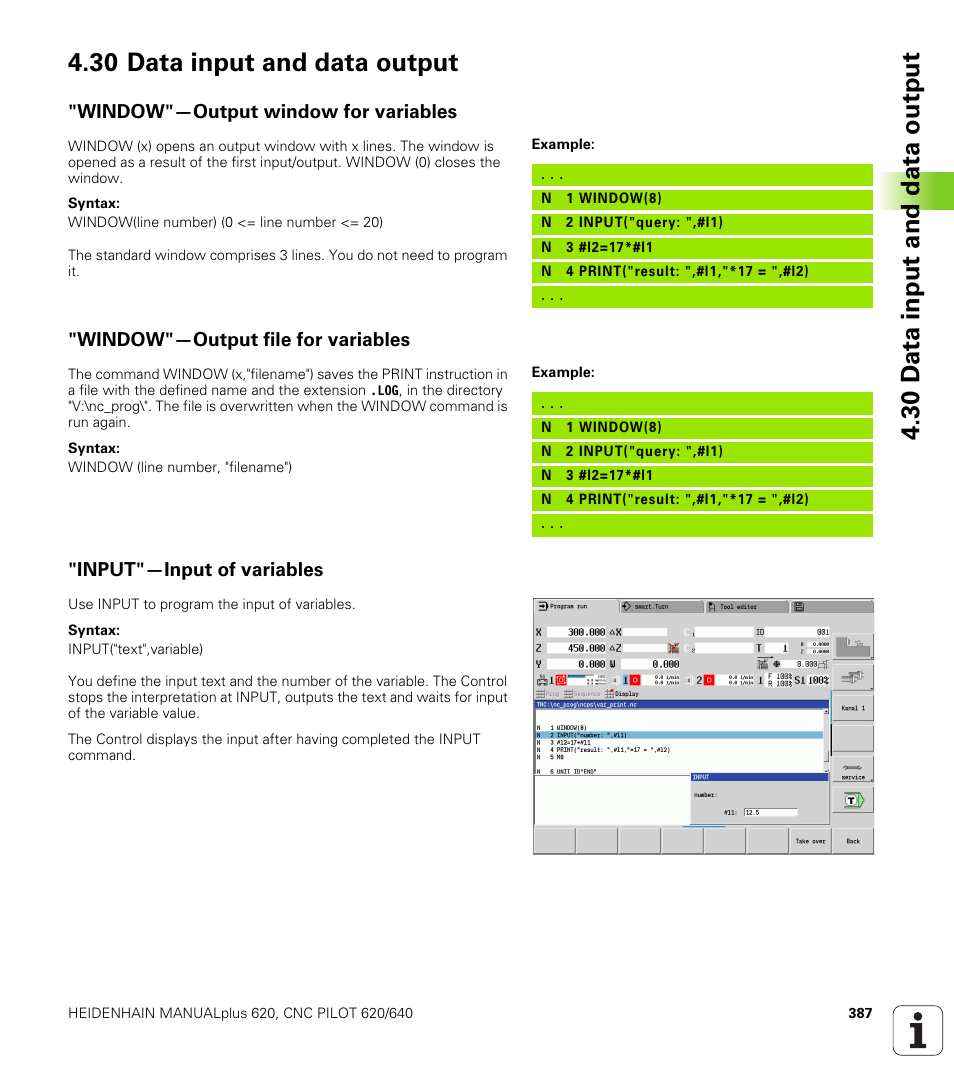 30 data input and data output, Window"—output window for variables, Window"—output file for variables | Input"—input of variables | HEIDENHAIN SW 548328-05 DIN Programming User Manual | Page 387 / 598