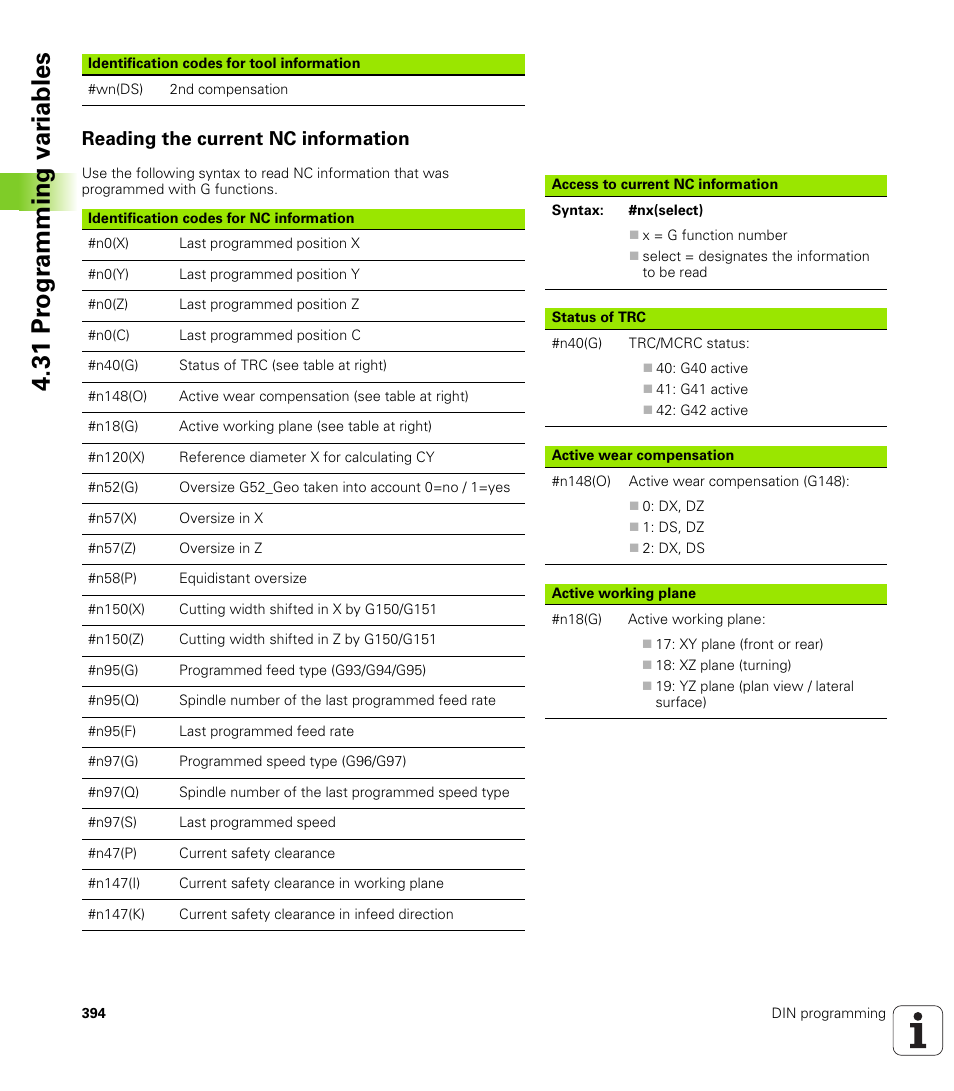 Reading the current nc information, 31 pr ogr amming v a ri ables | HEIDENHAIN SW 548328-05 DIN Programming User Manual | Page 394 / 598