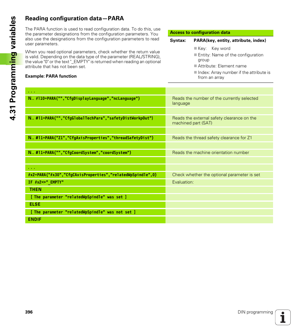 Reading configuration data—para, 31 pr ogr amming v a ri ables | HEIDENHAIN SW 548328-05 DIN Programming User Manual | Page 396 / 598