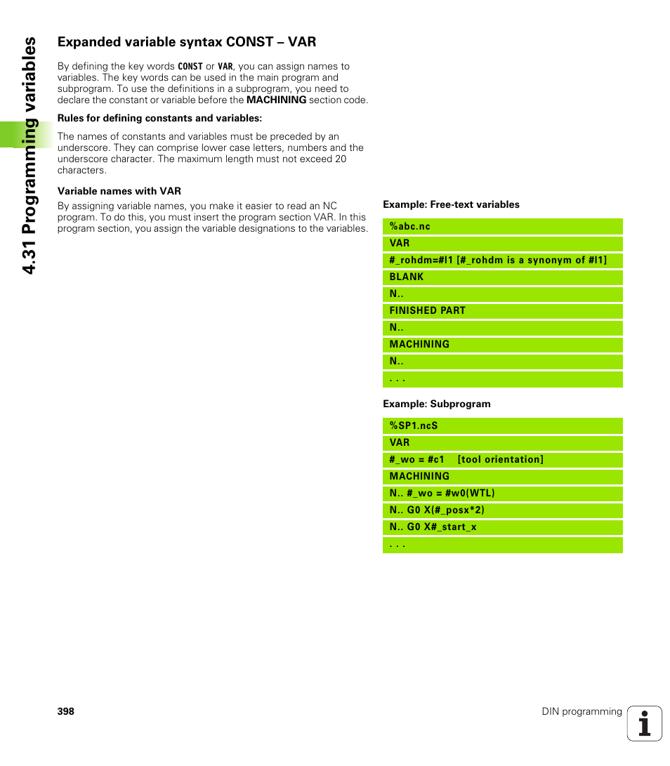 Expanded variable syntax const – var, 31 pr ogr amming v a ri ables | HEIDENHAIN SW 548328-05 DIN Programming User Manual | Page 398 / 598