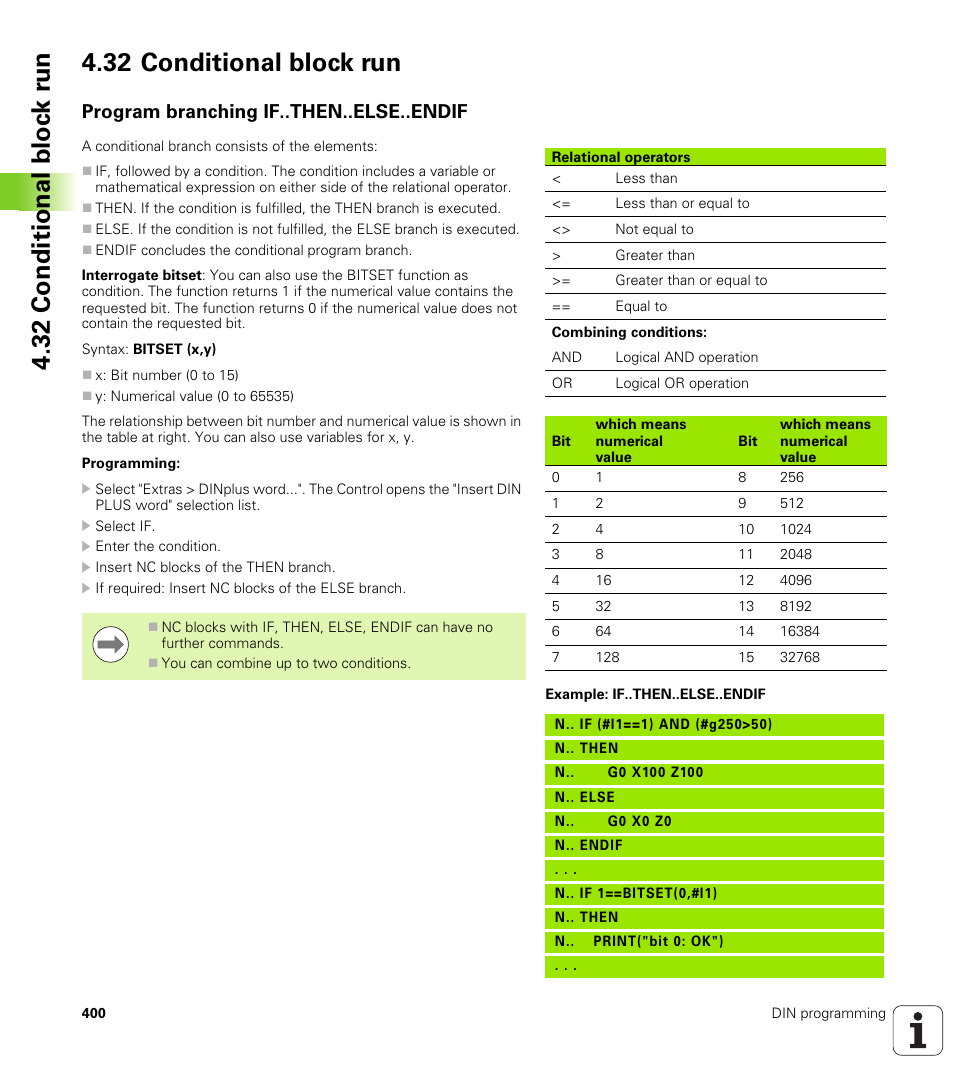32 conditional block run, Program branching if..then..else..endif | HEIDENHAIN SW 548328-05 DIN Programming User Manual | Page 400 / 598
