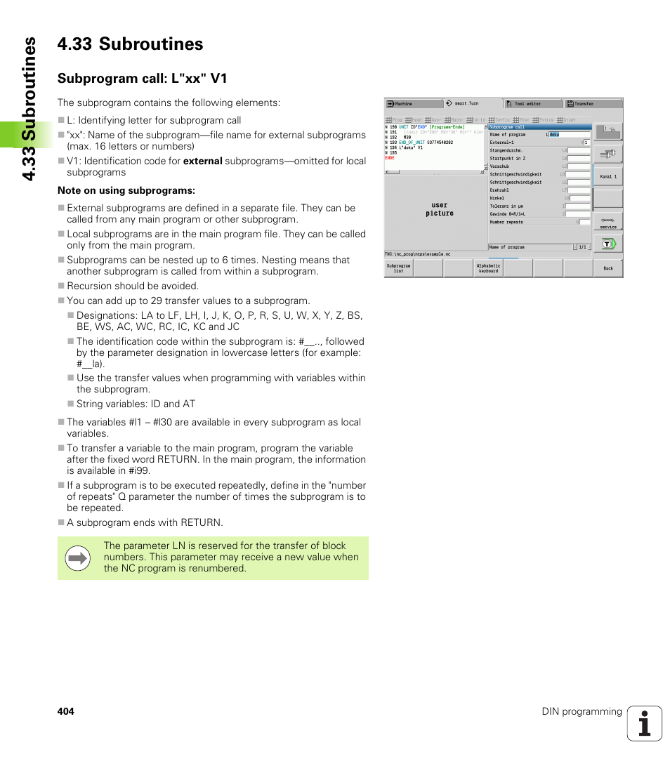 33 subroutines, Subprogram call: l"xx" v1 | HEIDENHAIN SW 548328-05 DIN Programming User Manual | Page 404 / 598