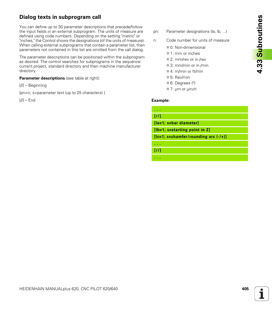 Dialog texts in subprogram call, 33 subr outines | HEIDENHAIN SW 548328-05 DIN Programming User Manual | Page 405 / 598