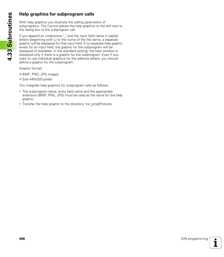 Help graphics for subprogram calls, 33 subr outines | HEIDENHAIN SW 548328-05 DIN Programming User Manual | Page 406 / 598