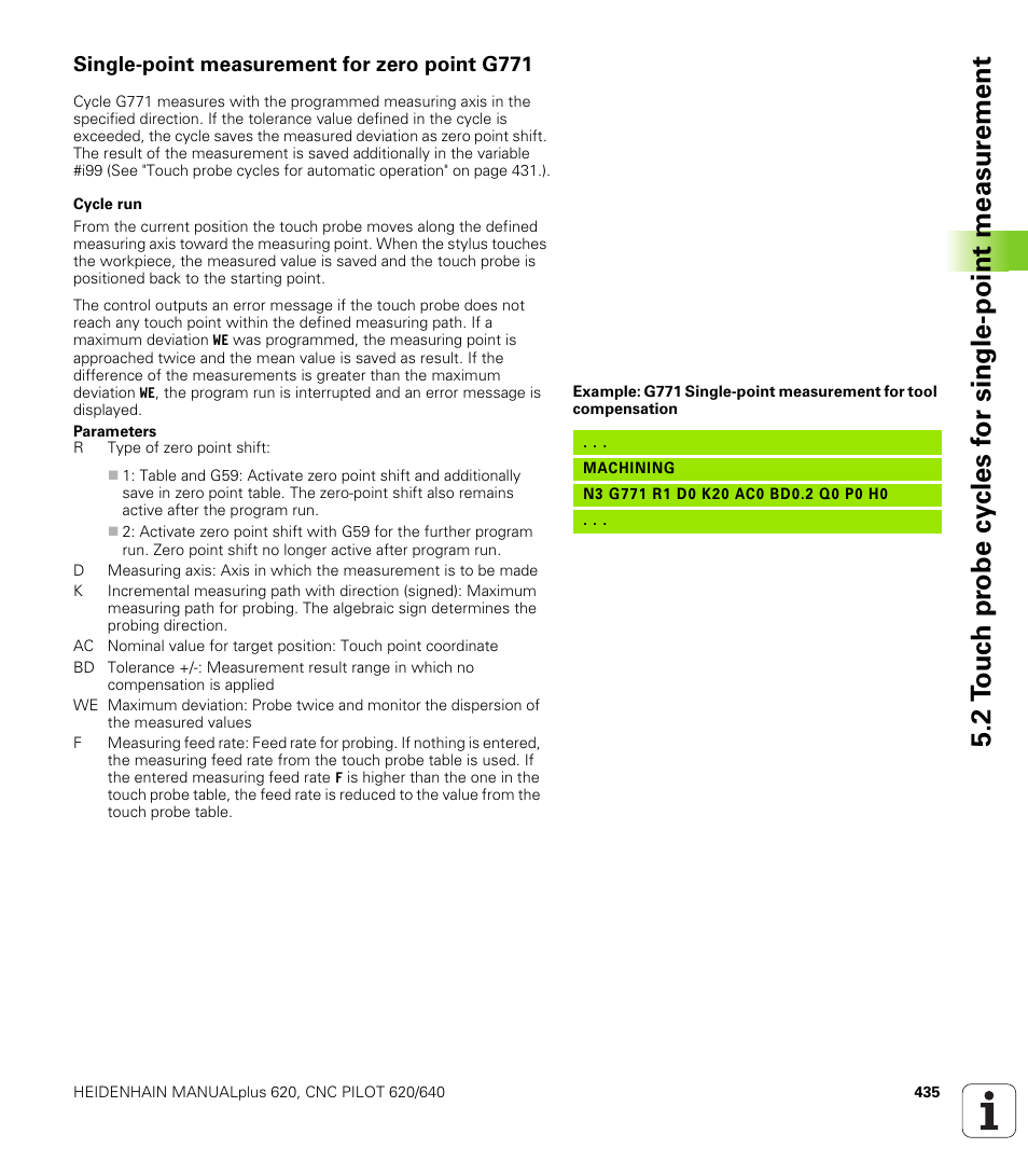 Single-point measurement for zero point g771 | HEIDENHAIN SW 548328-05 DIN Programming User Manual | Page 435 / 598