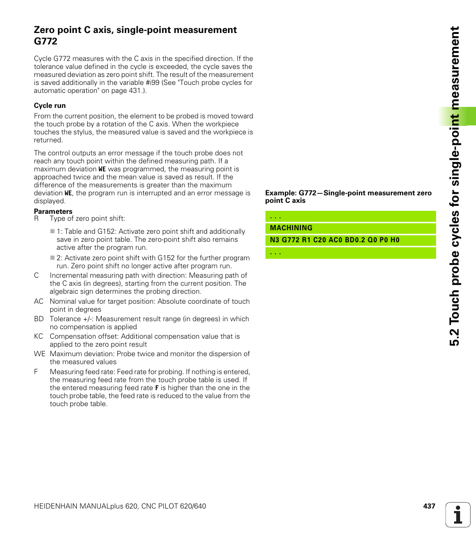 Zero point c axis, single-point measurement g772 | HEIDENHAIN SW 548328-05 DIN Programming User Manual | Page 437 / 598