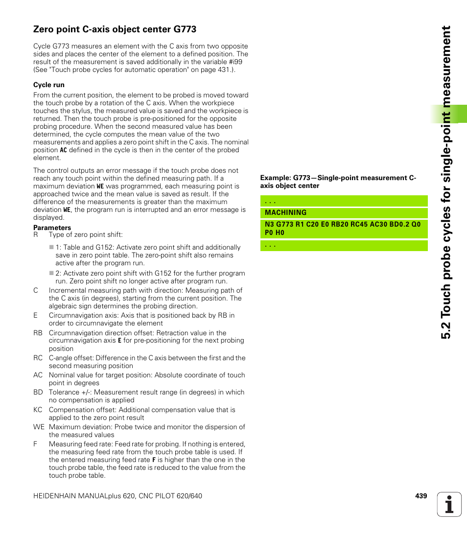 Zero point c-axis object center g773 | HEIDENHAIN SW 548328-05 DIN Programming User Manual | Page 439 / 598