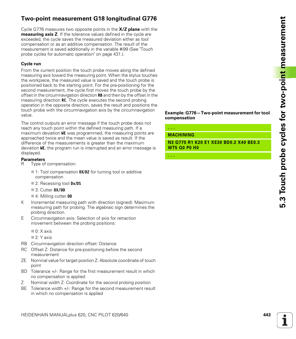 Two-point measurement g18 longitudinal g776 | HEIDENHAIN SW 548328-05 DIN Programming User Manual | Page 443 / 598
