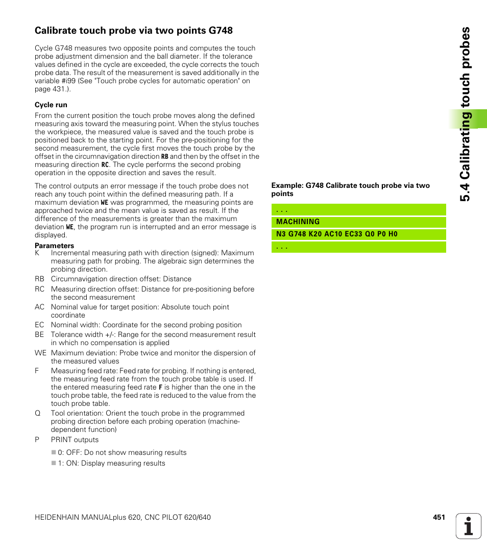 Calibrate touch probe via two points g748, 4 calibr a ting t ouc h pr obes | HEIDENHAIN SW 548328-05 DIN Programming User Manual | Page 451 / 598