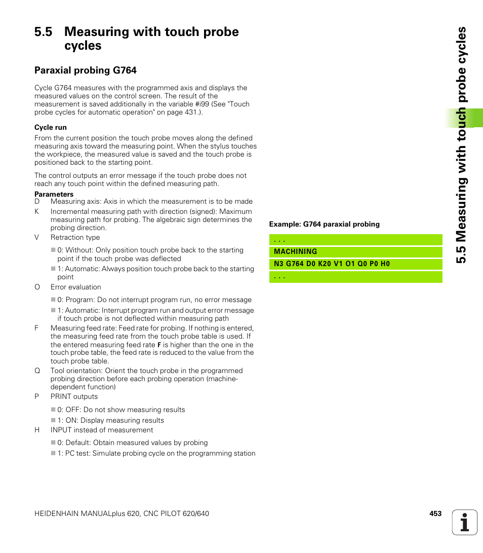 5 measuring with touch probe cycles, Paraxial probing g764 | HEIDENHAIN SW 548328-05 DIN Programming User Manual | Page 453 / 598
