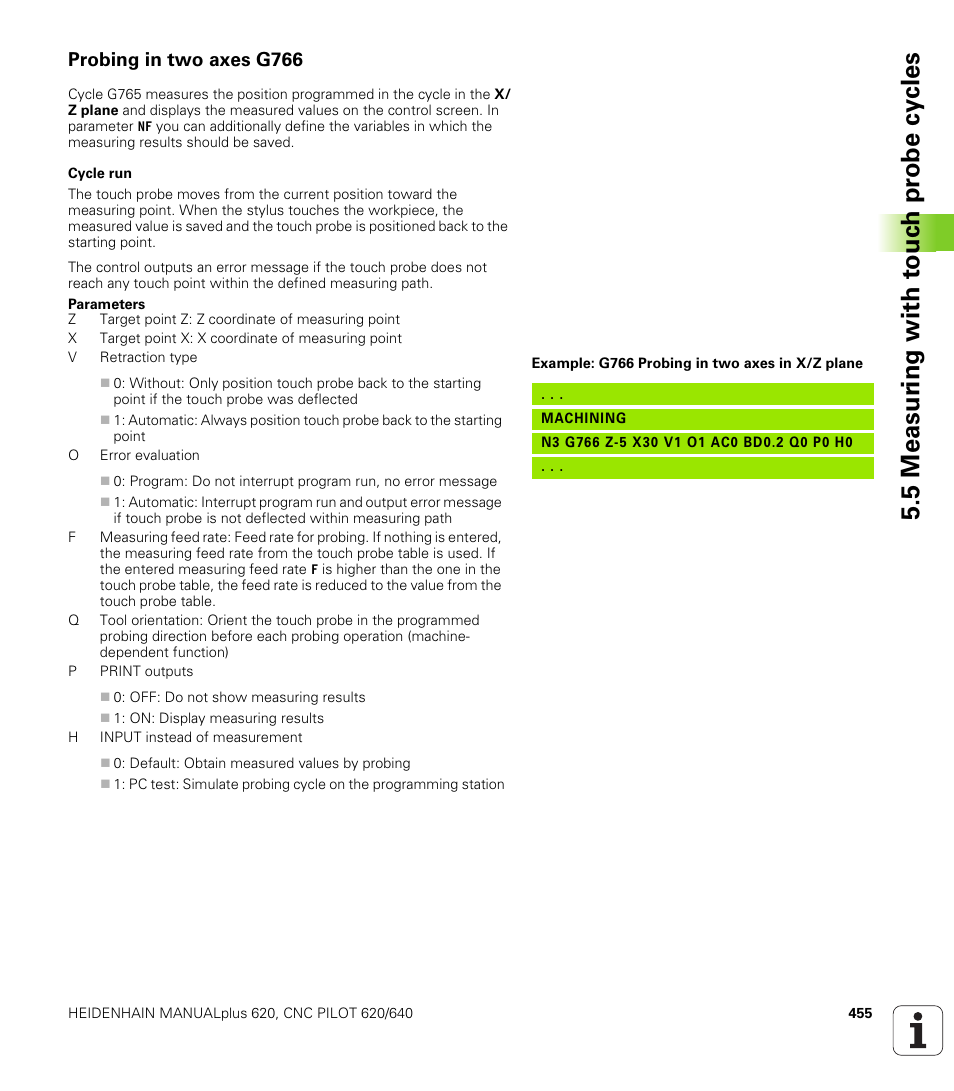 Probing in two axes g766, 5 measur ing with t o uc h pr obe cy cles | HEIDENHAIN SW 548328-05 DIN Programming User Manual | Page 455 / 598