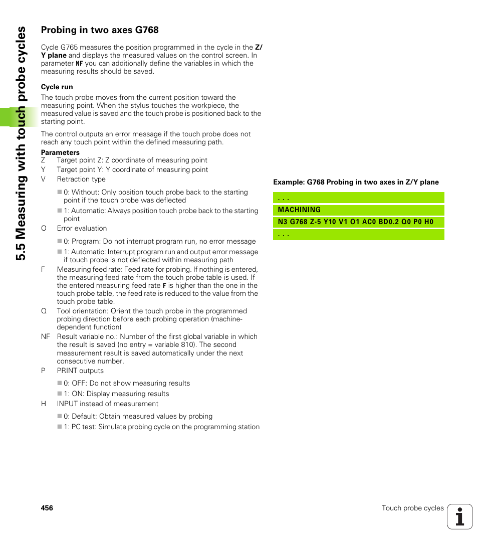 Probing in two axes g768, 5 measur ing with t o uc h pr obe cy cles | HEIDENHAIN SW 548328-05 DIN Programming User Manual | Page 456 / 598