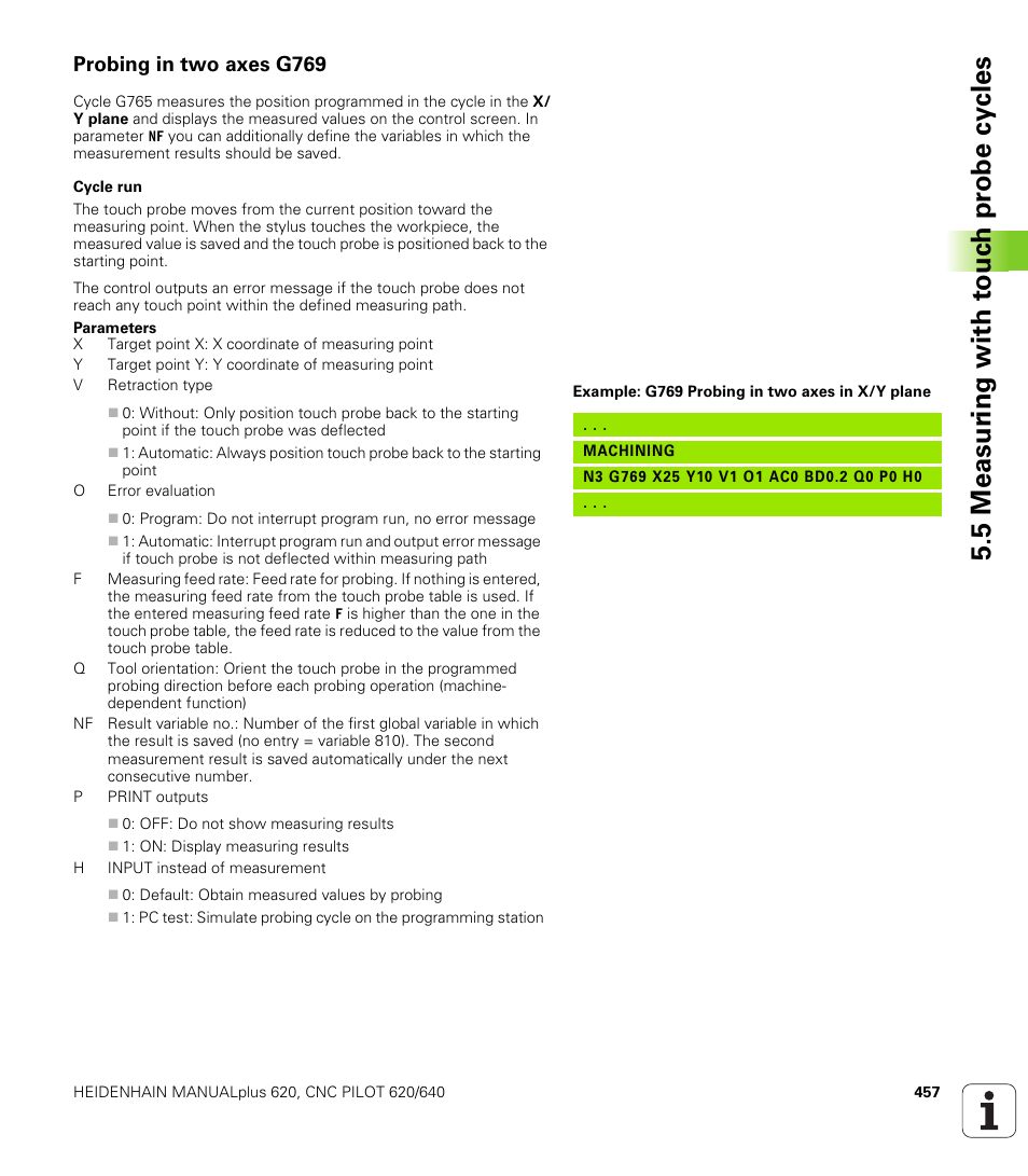 Probing in two axes g769, 5 measur ing with t o uc h pr obe cy cles | HEIDENHAIN SW 548328-05 DIN Programming User Manual | Page 457 / 598