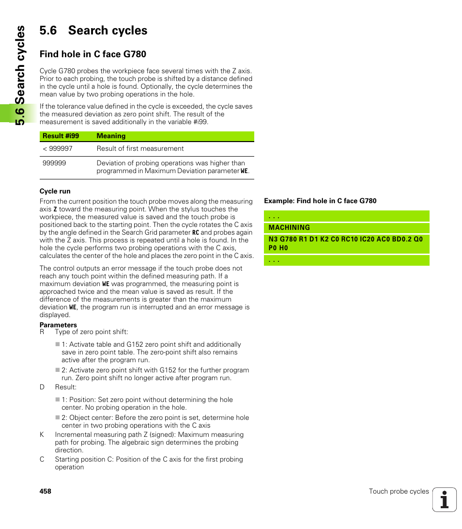 6 search cycles, Find hole in c face g780, 6 sear c h cy cles 5.6 search cycles | HEIDENHAIN SW 548328-05 DIN Programming User Manual | Page 458 / 598