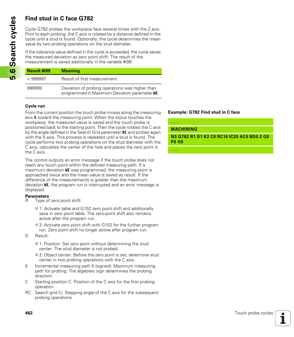 Find stud in c face g782, 6 sear c h cy cles | HEIDENHAIN SW 548328-05 DIN Programming User Manual | Page 462 / 598