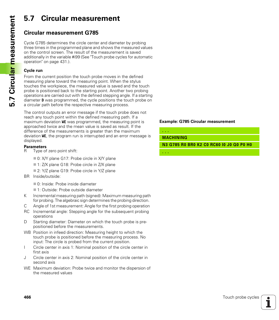 7 circular measurement, Circular measurement g785, 7 cir c ular measur ement 5.7 circular measurement | HEIDENHAIN SW 548328-05 DIN Programming User Manual | Page 466 / 598