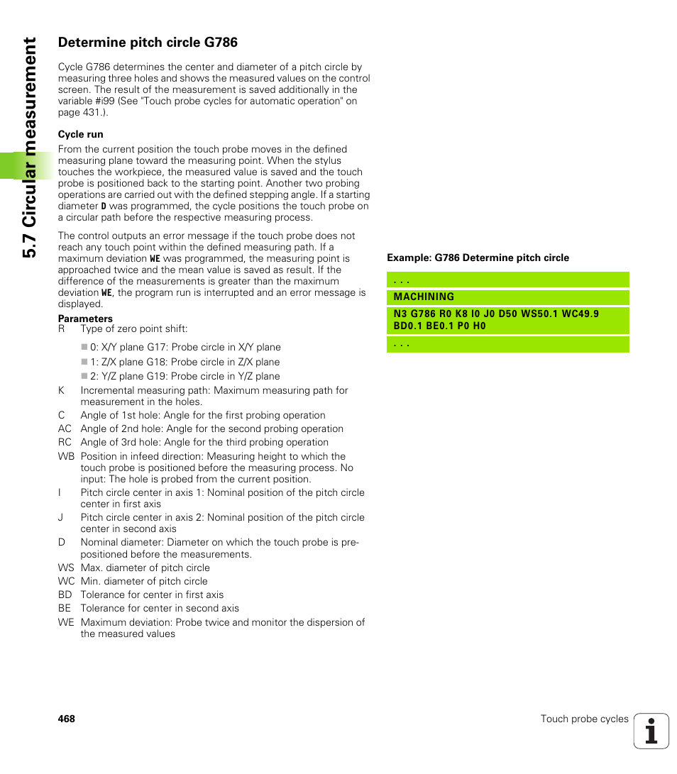 Determine pitch circle g786, 7 cir c ular measur ement | HEIDENHAIN SW 548328-05 DIN Programming User Manual | Page 468 / 598