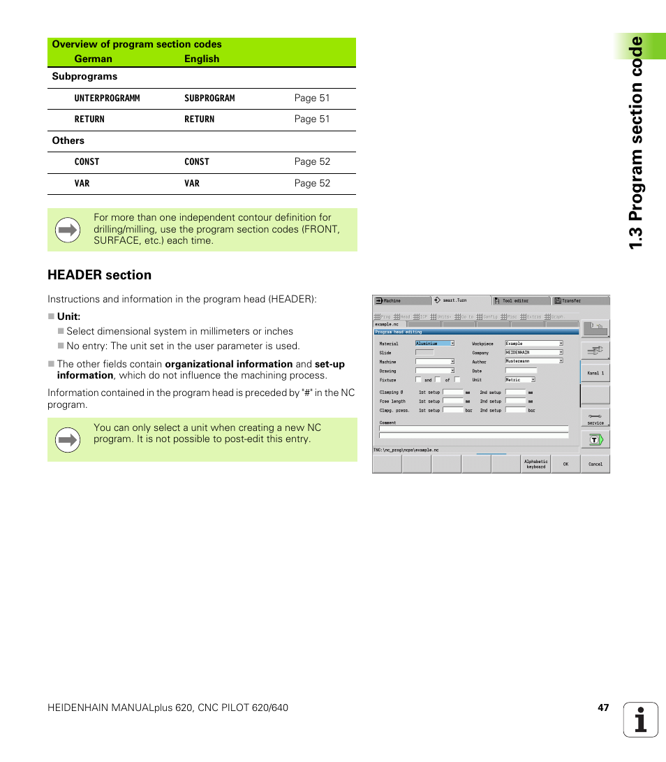 Header section | HEIDENHAIN SW 548328-05 DIN Programming User Manual | Page 47 / 598