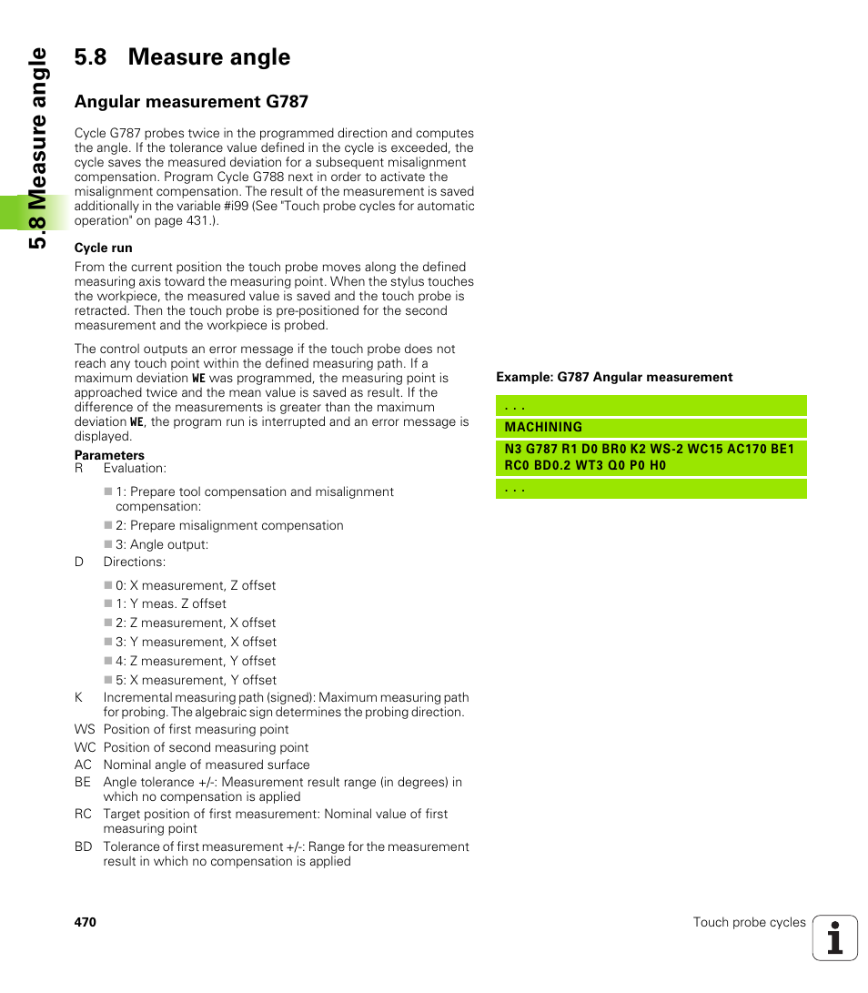 8 measure angle, Angular measurement g787, 8 measur e angle 5.8 measure angle | HEIDENHAIN SW 548328-05 DIN Programming User Manual | Page 470 / 598