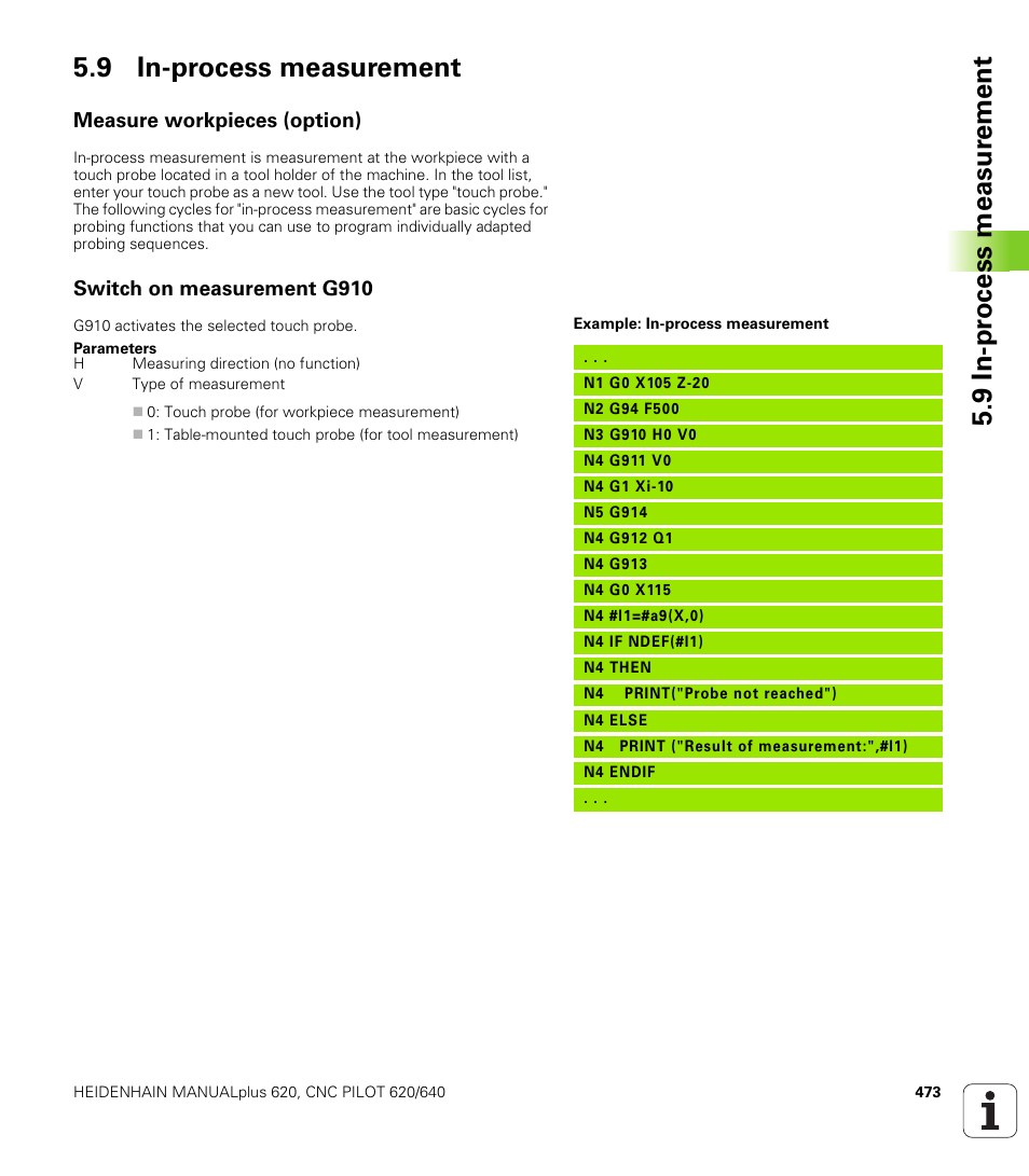 9 in-process measurement, Measure workpieces (option), Switch on measurement g910 | HEIDENHAIN SW 548328-05 DIN Programming User Manual | Page 473 / 598