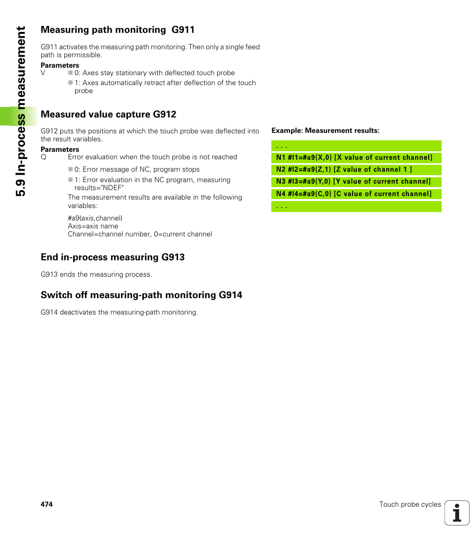 Measuring path monitoring g911, Measured value capture g912, End in-process measuring g913 | Switch off measuring-path monitoring g914, 9 in-pr o cess measur ement | HEIDENHAIN SW 548328-05 DIN Programming User Manual | Page 474 / 598
