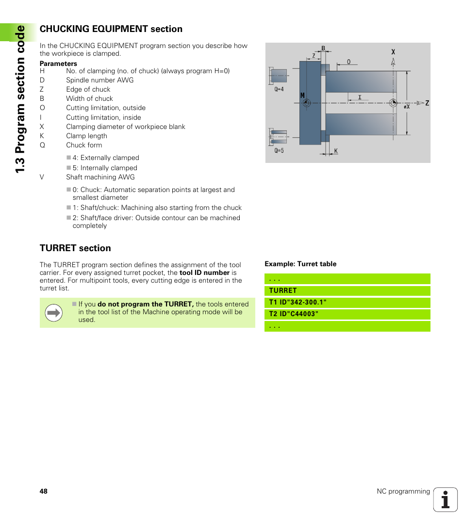 Chucking equipment section, Turret section, Chucking equipment section turret section | HEIDENHAIN SW 548328-05 DIN Programming User Manual | Page 48 / 598