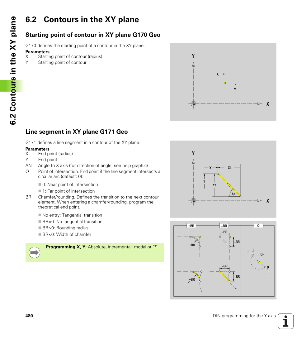 2 contours in the xy plane, Starting point of contour in xy plane g170 geo, Line segment in xy plane g171 geo | HEIDENHAIN SW 548328-05 DIN Programming User Manual | Page 480 / 598