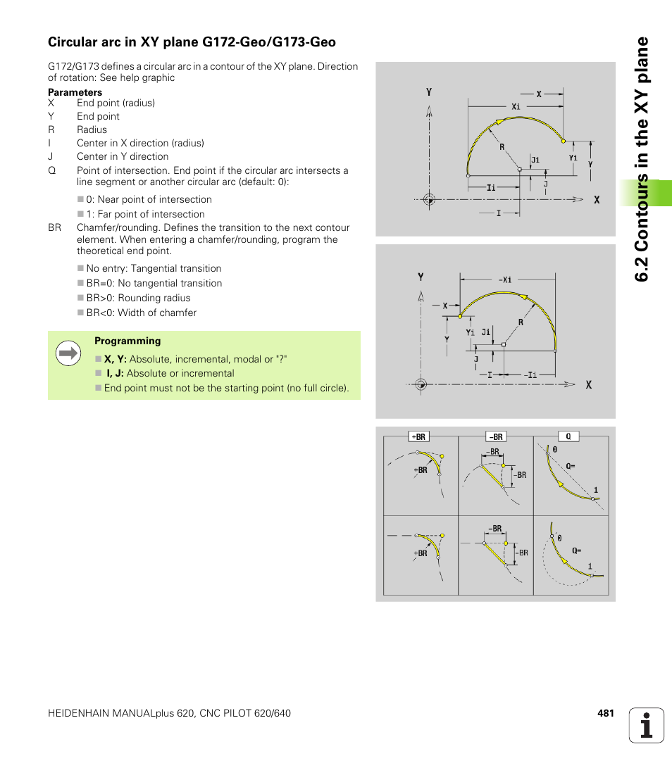 Circular arc in xy plane g172-geo/g173-geo, 2 cont ours in the xy plane | HEIDENHAIN SW 548328-05 DIN Programming User Manual | Page 481 / 598