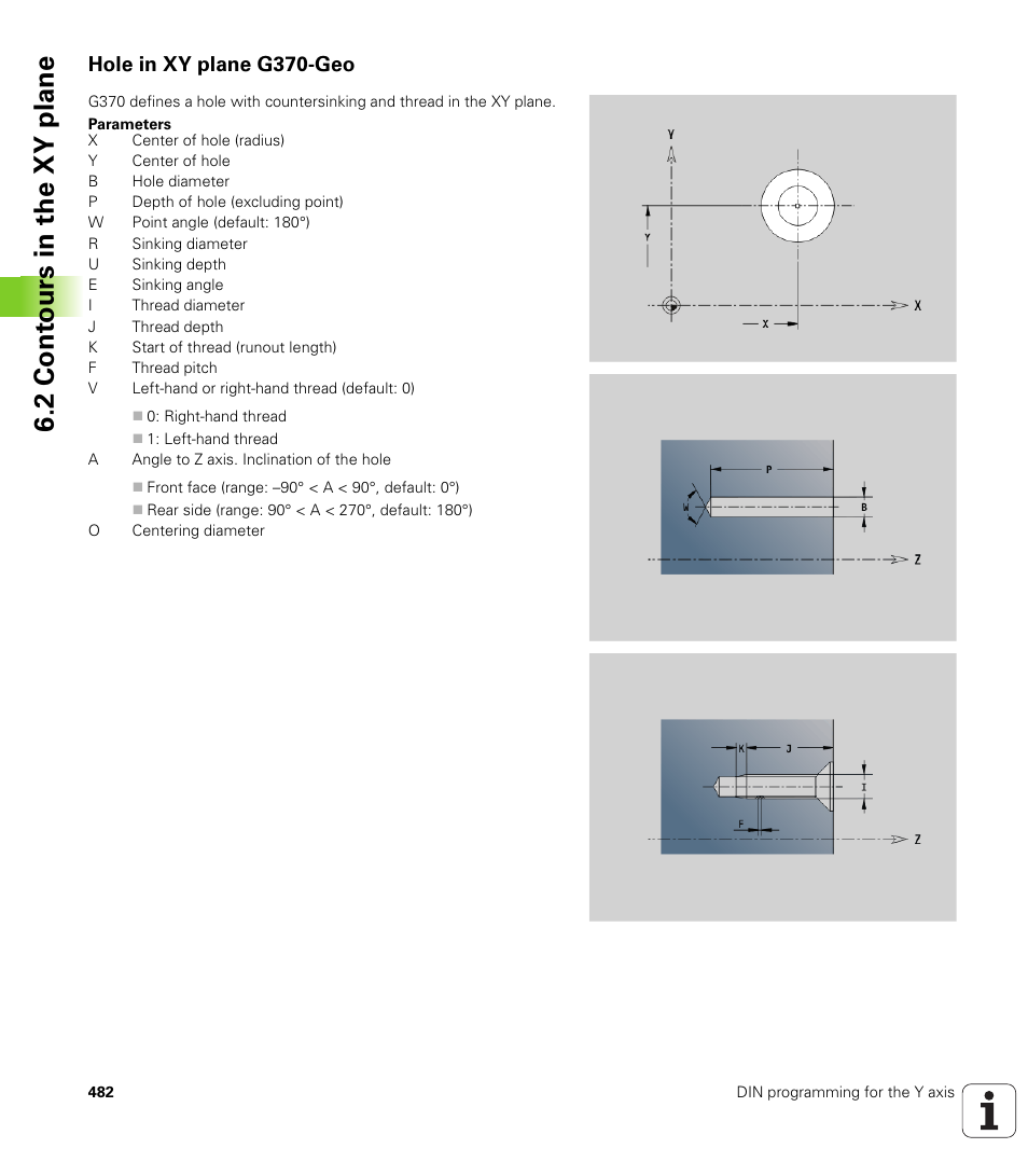 Hole in xy plane g370-geo, 2 cont ours in the xy plane | HEIDENHAIN SW 548328-05 DIN Programming User Manual | Page 482 / 598