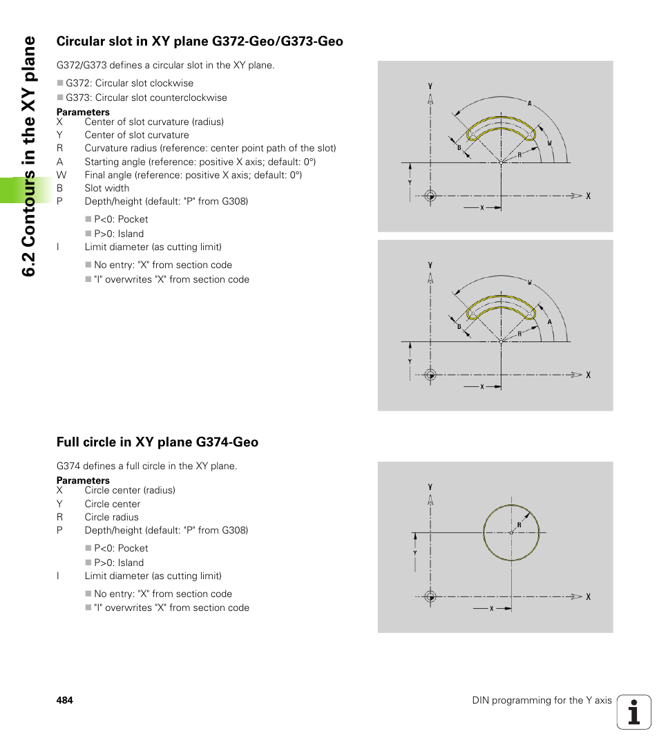 Circular slot in xy plane g372-geo/g373-geo, Full circle in xy plane g374-geo, 2 cont ours in the xy plane | HEIDENHAIN SW 548328-05 DIN Programming User Manual | Page 484 / 598