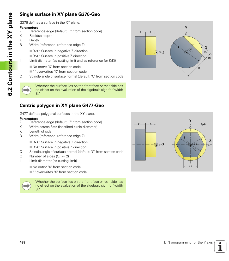 Single surface in xy plane g376-geo, Centric polygon in xy plane g477-geo, 2 cont ours in the xy plane | HEIDENHAIN SW 548328-05 DIN Programming User Manual | Page 488 / 598