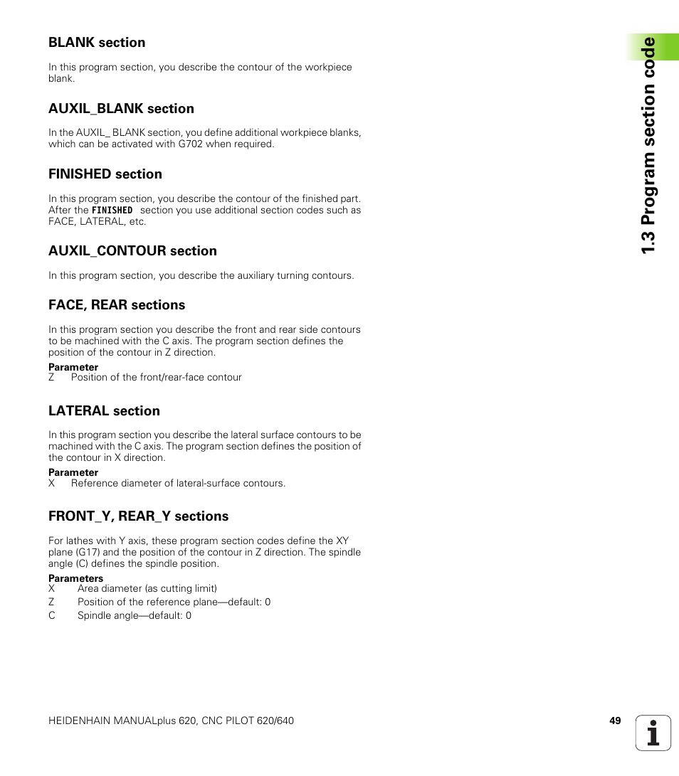 Blank section, Auxil_blank section, Finished section | Auxil_contour section, Face, rear sections, Lateral section, Front_y, rear_y sections | HEIDENHAIN SW 548328-05 DIN Programming User Manual | Page 49 / 598
