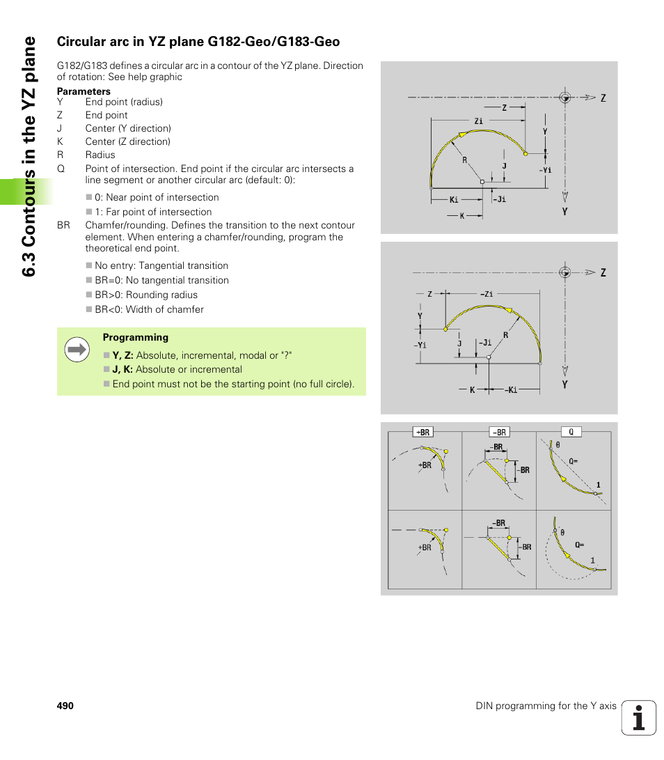 Circular arc in yz plane g182-geo/g183-geo, 3 cont ours in the yz plane | HEIDENHAIN SW 548328-05 DIN Programming User Manual | Page 490 / 598
